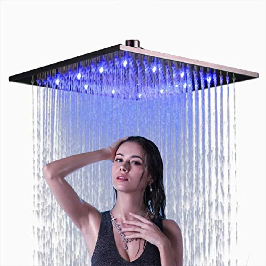 

Bathroom LED Changing Color 16-inch Square Rainfall Shower Head Overhead Sprayer Brushed Nickel