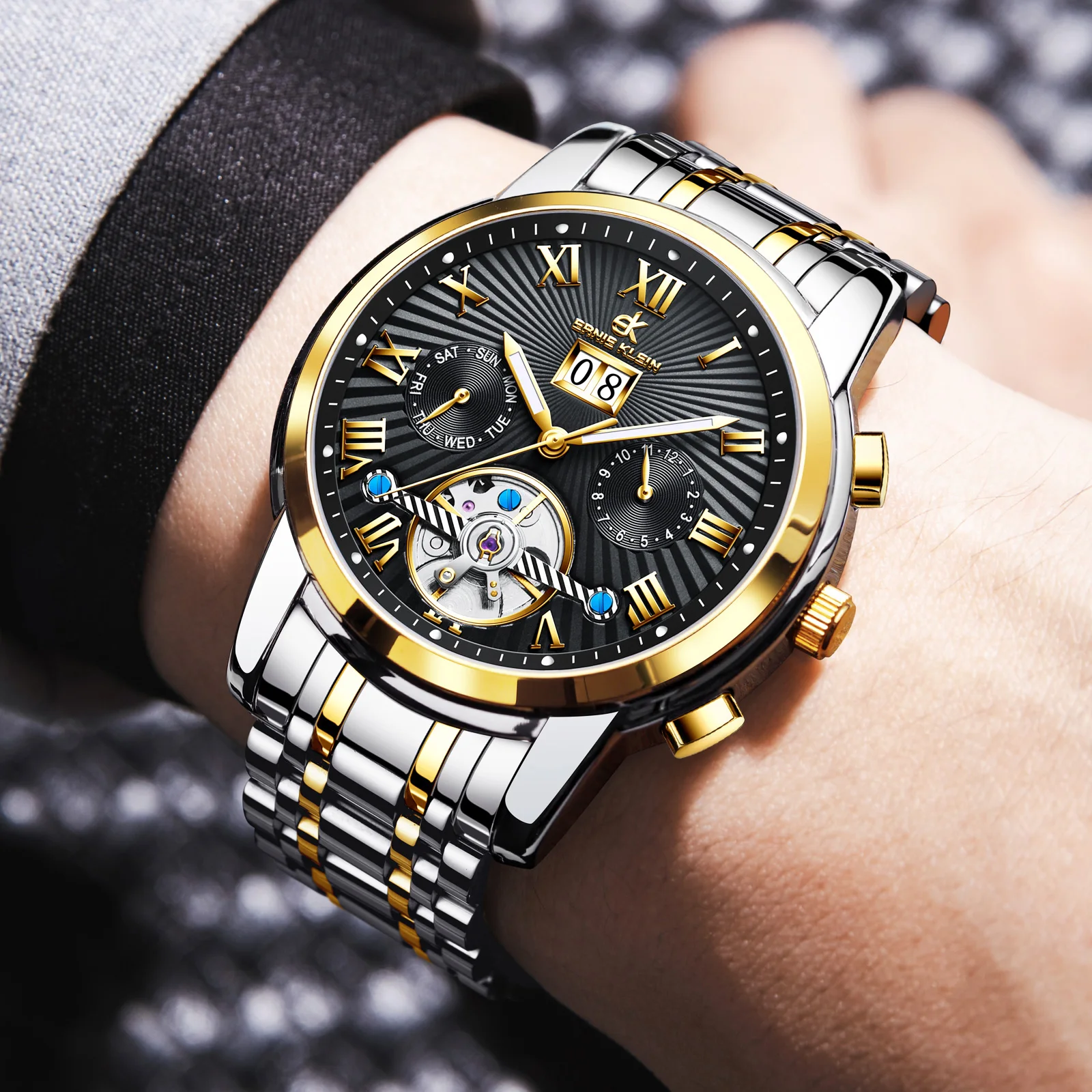 ERNIE KLEIN Original Men's Luxury Automatic Watch Mechanical Skeleton Tourbillon watches Sapphire Steel Waterproof Wristwatch