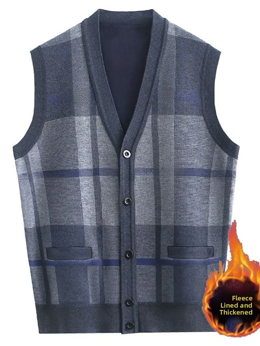 

Кардиган-свитер в клетку на меховой подкладке для мужчин среднего возраста, осенне-зимний, модный, городской дизайн