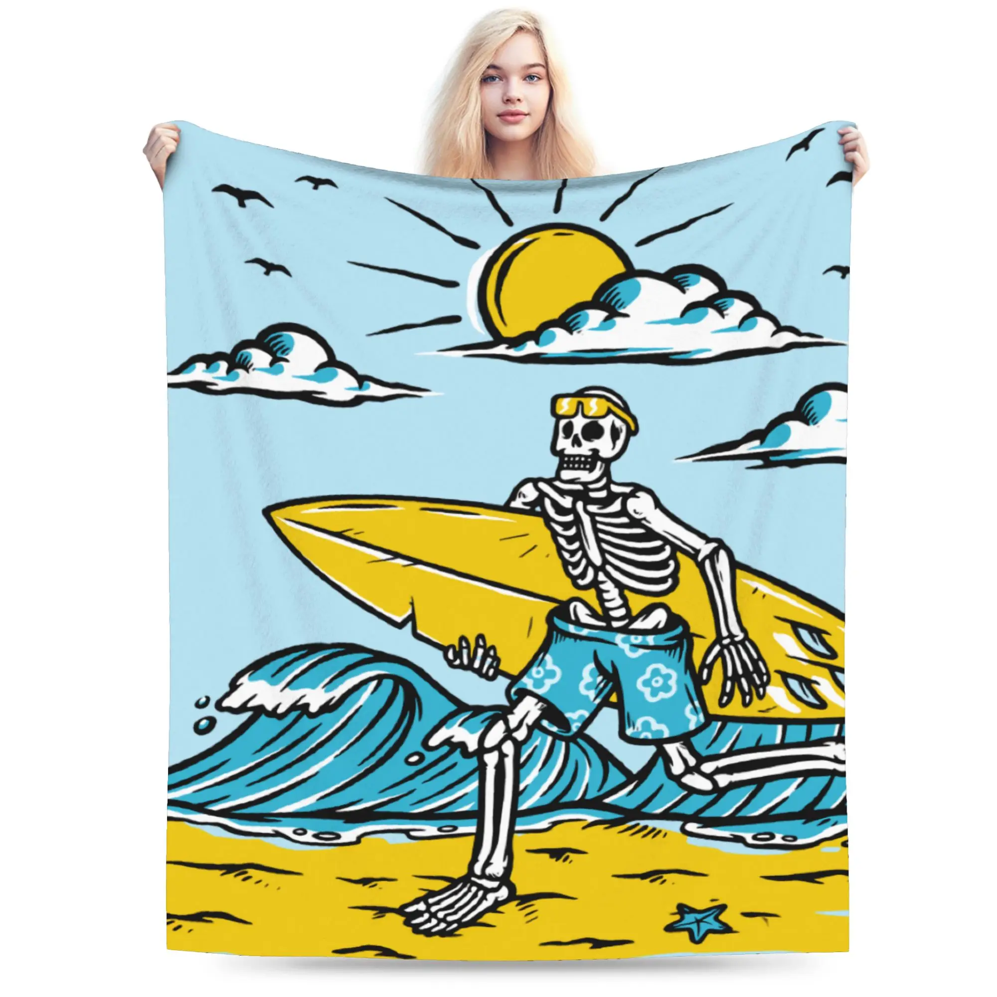 Custom Surfing Skeleton Blanket Warm Fleece Soft Flannel Summer Beach Surfer Throw Blankets for Bed Sofa Office Spring Autumn