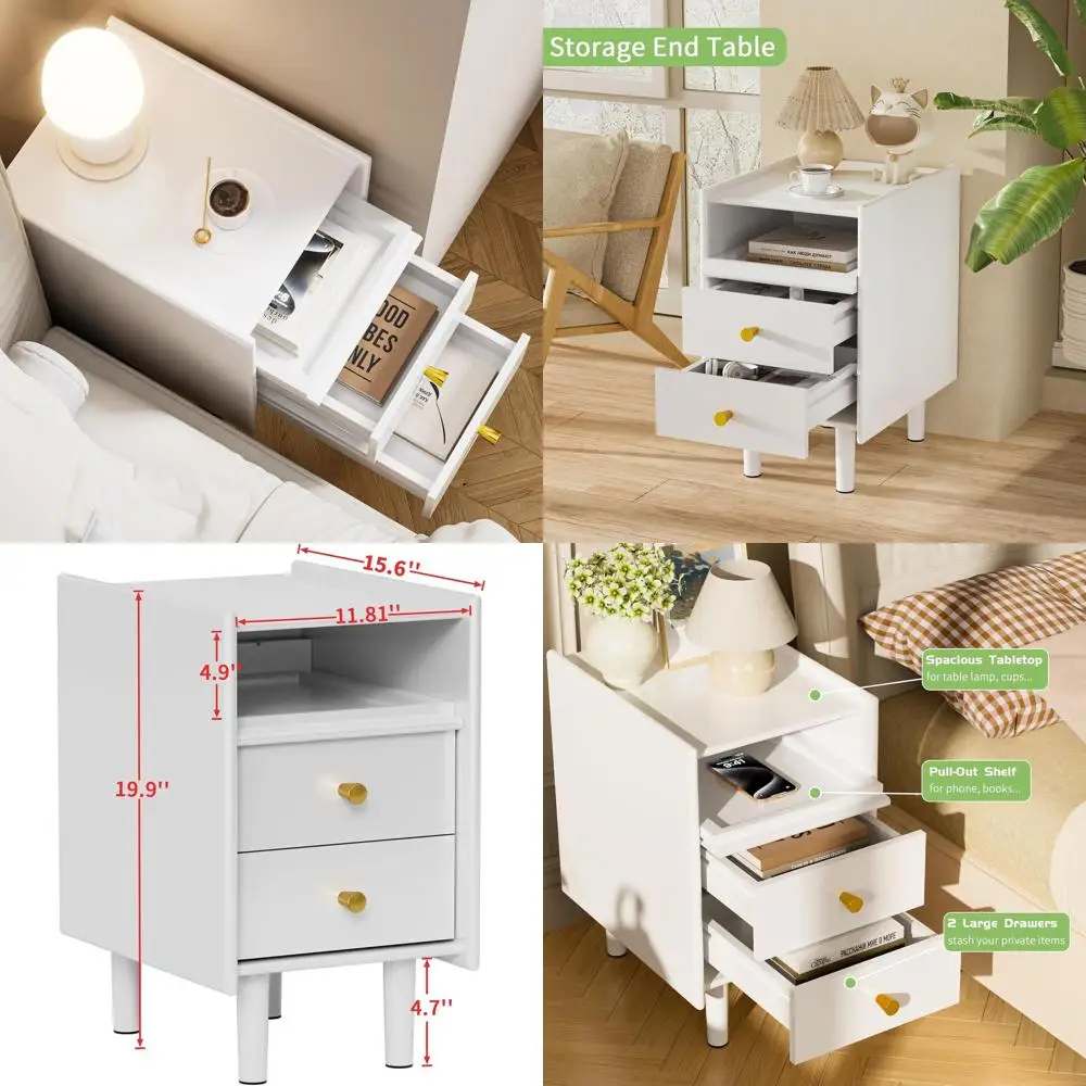 

Компактная тумбочка из массива дерева с 2 ящиками и открытой полкой для небольших помещений, спальни, гостиной и офиса (белый, 11,81)