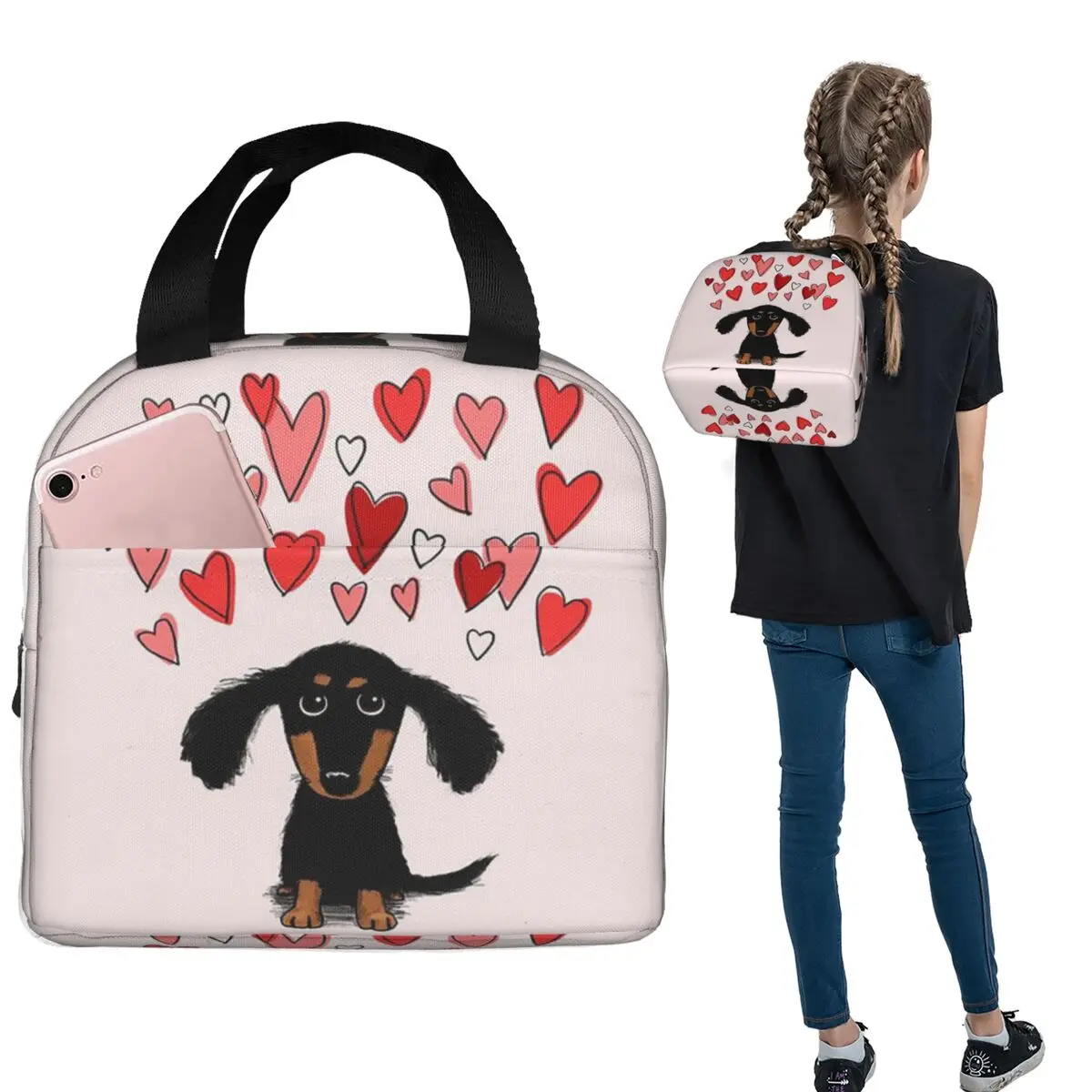 Isolierte Lunchtasche mit Cartoon-Dackel-Motiv und Liebesherz für Damen und Kinder, tragbare Lebensmittelboxen, Thermo-Lunchbox-Tragetasche