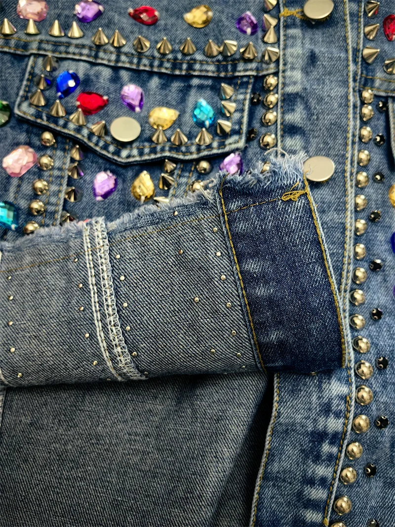Chic Rainbow Color Diamonds Beaded Denim Jacket Ripped Rivets Sequined Jeans Bomber Jacket Crystal Rhinestones Cowboy Cardigan view 6