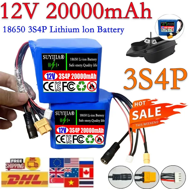 

3S4P 18650 Lithium Ion Battery 12V 20000mAh with BMS High Power Remote Control Fishing Bait Boat Battery for V030 GPS Bait Boat