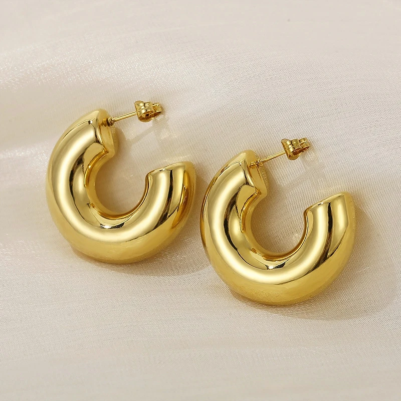 Mode Dicke Runde C Form Chunky Hoop Ohrringe Frauen Glänzend Kreis Gold Silber Farbe Stahl Nadel Stud Huggie Ohrringe Schmuck – Detail 4
