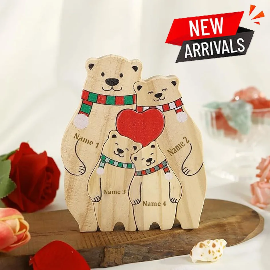 

Colorful Scarf Bear Family Puzzle Christmas Gift Personalized Multilingual Custom Names Wooden Bear Family Xmas Ornaments