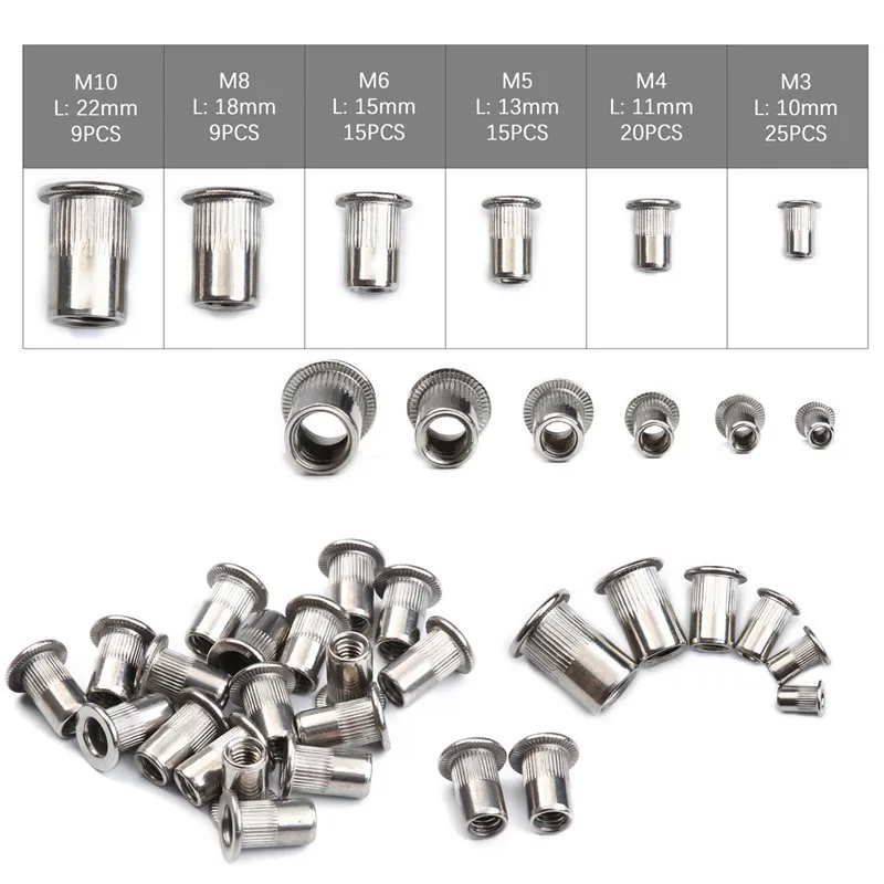 93Pcs M3 M4 M5 M6 M8 M10 Flat Head Stainless Steel Rivet Nuts Set Insert Reveting Multi Size Stainless Steel Rivet Nuts Set