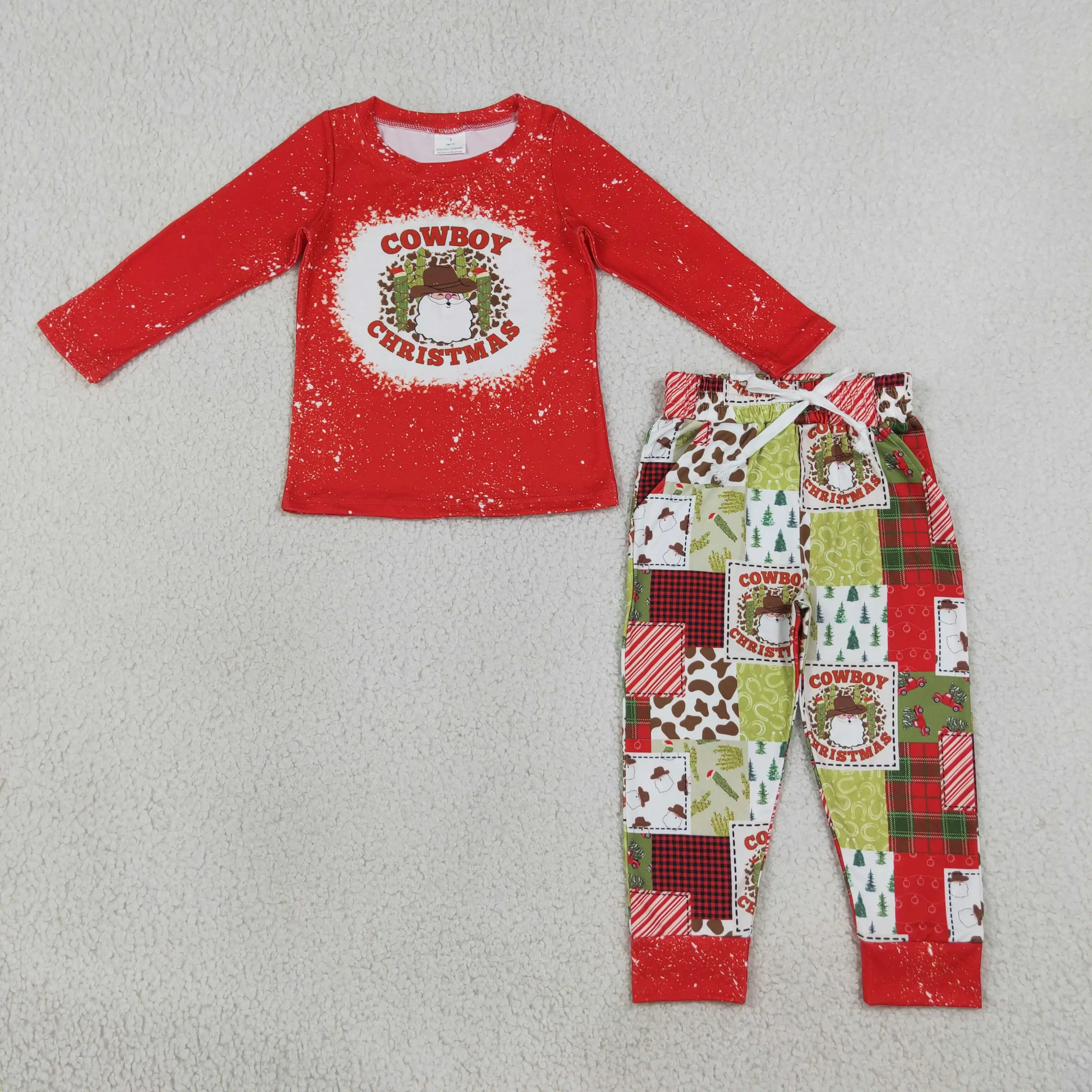 Wholesale Children Christmas Set Boys Kids Toddler Outfit Long Sleeves Red Shirt Western Cactus Pockets Pants Baby Boy Clothes