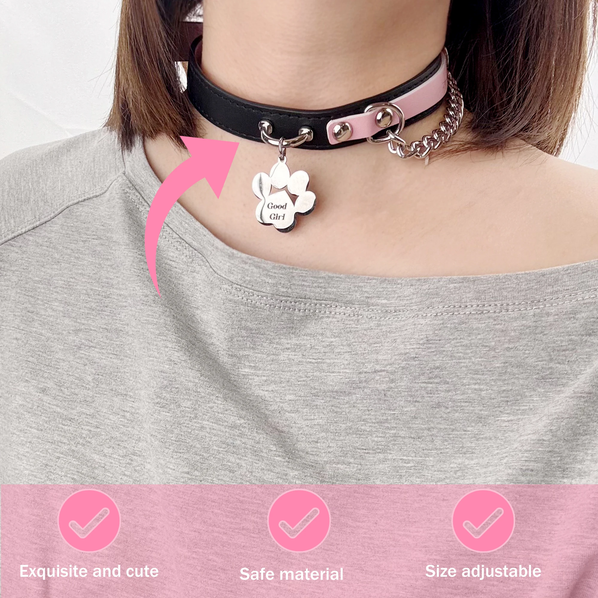EverGlimp Punk Cat Paw Choker for Women – Adjustable Split Color Faux Leather Collar with Chain and Cute Charm