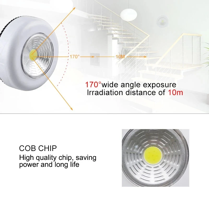 COB Round LED Under Cabinet Light Push Press Switch Wall Lamp Cupboard Wardrobe Closet Kitchen Light Sticky DIY Night Light