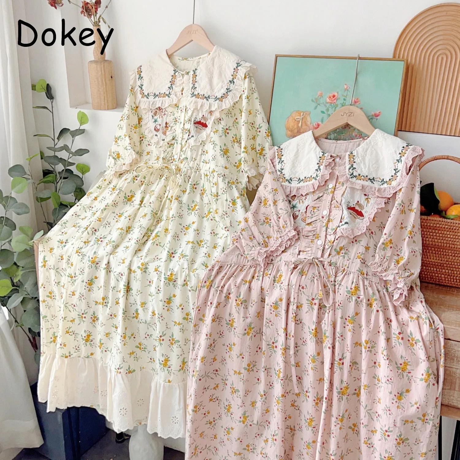 

Vintage Embroidery Flower Cotton Linen Dress Women Summer Peter Pan Collar Lace-up Pink Dress Sweet Mori Girl Loose Midi Vestido