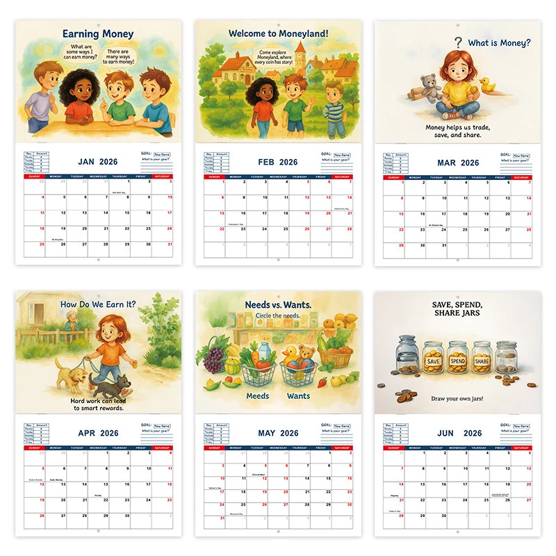 Tableau de calendrier pour enfants 2026 12 mois, gestion de l'argent, calendrier de planification, outil d'apprentissage éducatif interactif