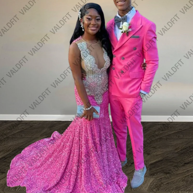 Customized Long Elegant Pink Bling Bling Prom Dresses with Crystals Homecoming Graduation Cocktail Dress Vestidos De Festa