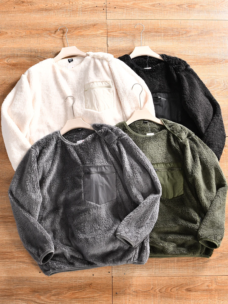 Coral Fleece Long Sleeve Sweatshirt round Neck Casual Men's Warmth Autumn Winter Fashionable Versatile Comfortable Polyester