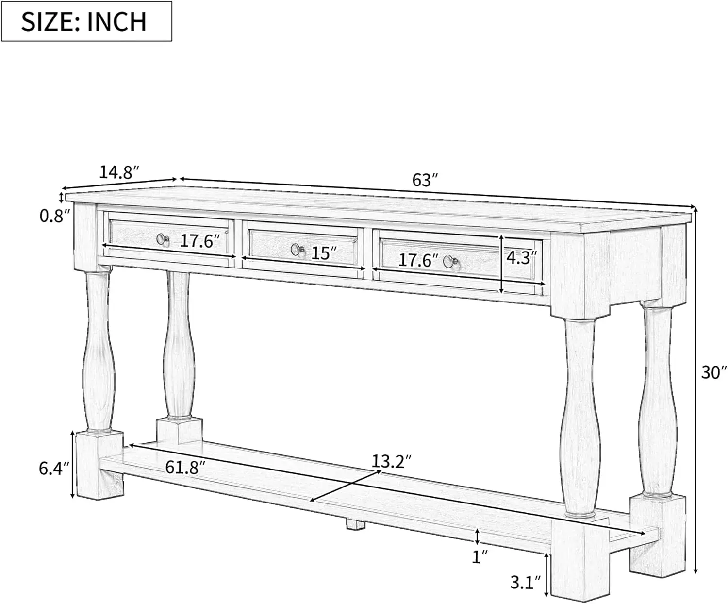 LUMISOL 64 inch Long Console Table with 3 Drawers and Bottom Shelf, Sofa Table Entryway Table for Hallway, Living Room, Ea