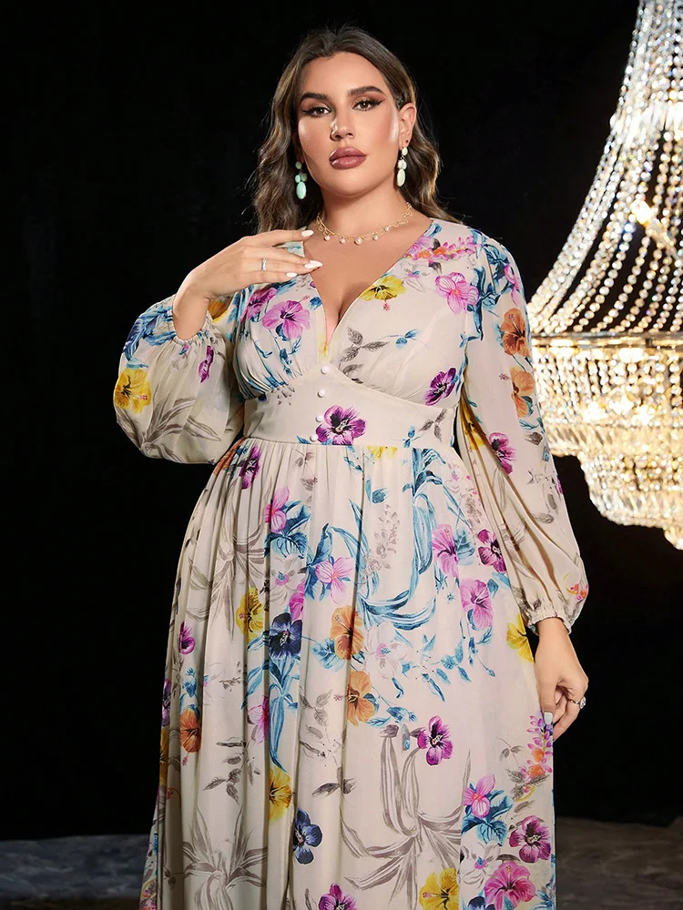 TOLEEN 2024 nuova estate Casual elegante vacanza abiti lunghi Plus Size donna stampa floreale lanterna manica divisa coscia abito in Chiffon