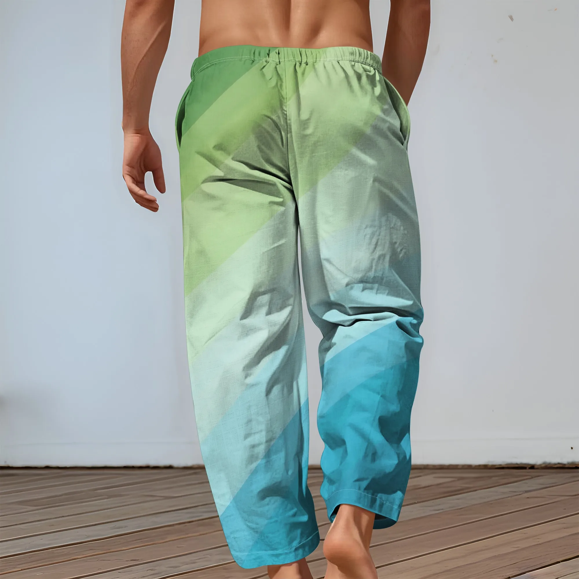 YEAE зелено-синие брюки с градиентным принтом в полоску для мужчин, летние повседневные свободные брюки на шнурке