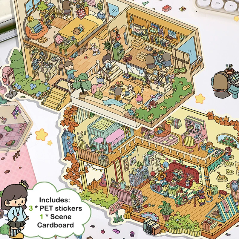 1Set Cute Cartoon Mini World Landscape Stickers Pocket 3D Cabin Scene Stacking Pasting Stickers Miniature Scene Stickers