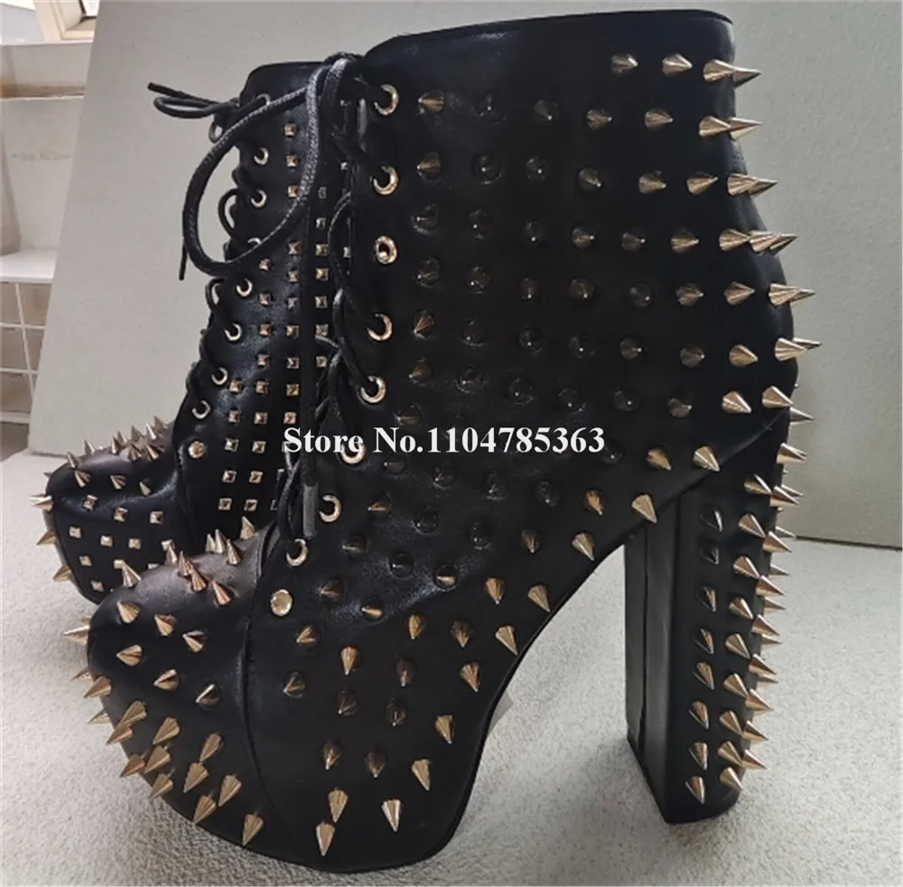 Fashion Metal Rivets Chunky Heel Short Boots Sexy Round Toe Lace-up Spikes High Platform Thick Heel Ankle Booties Big Size