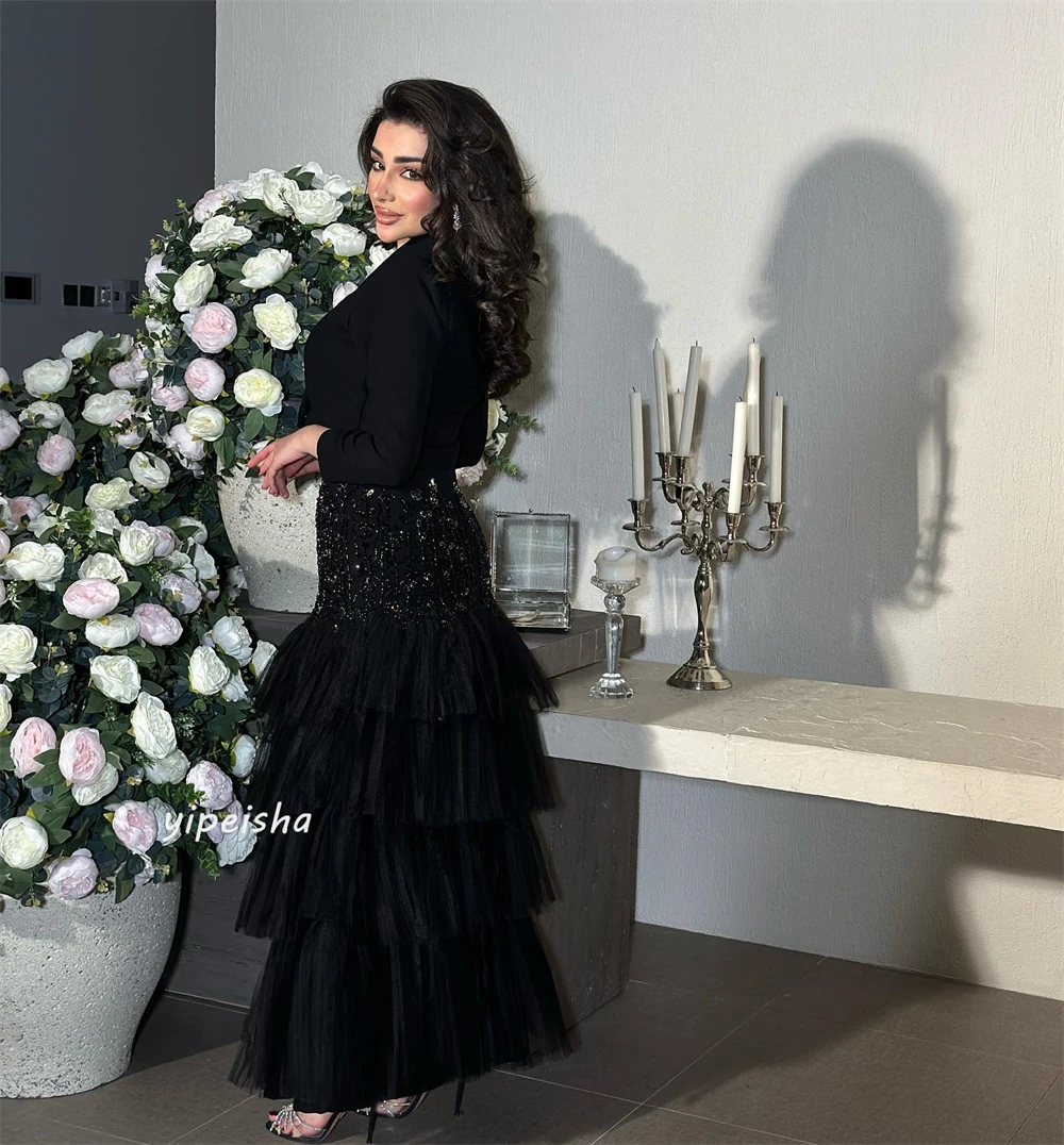 Prom Dress Jersey Beading Draped Tiered Clubbing A-line V-Neck Bespoke Occasion Gown Midi Dresses Saudi Arabia Evening