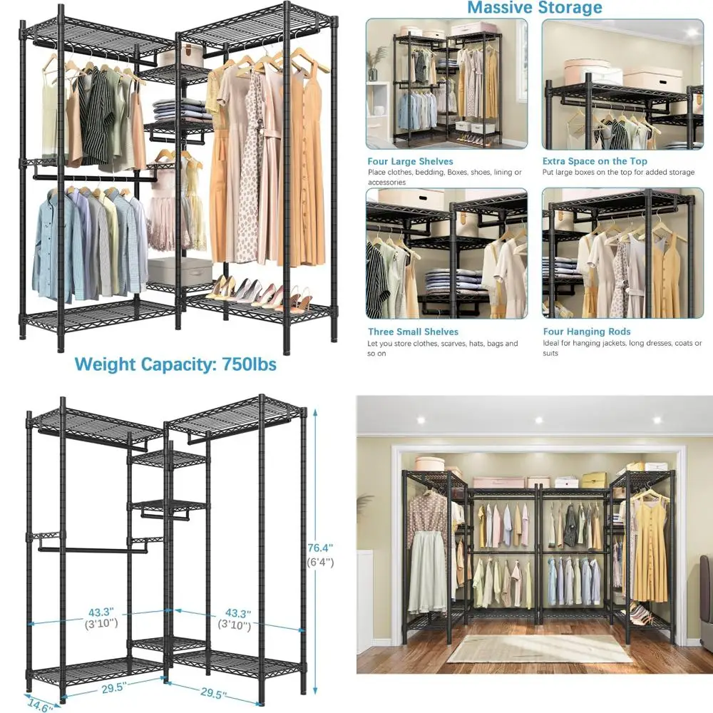 رف ملابس معدني عالي التحمل قائم بذاته على شكل حرف L مع 7 أرفف قابلة للتعديل و4 قضبان تعليق لتخزين الملابس متعددة الاستخدامات #1