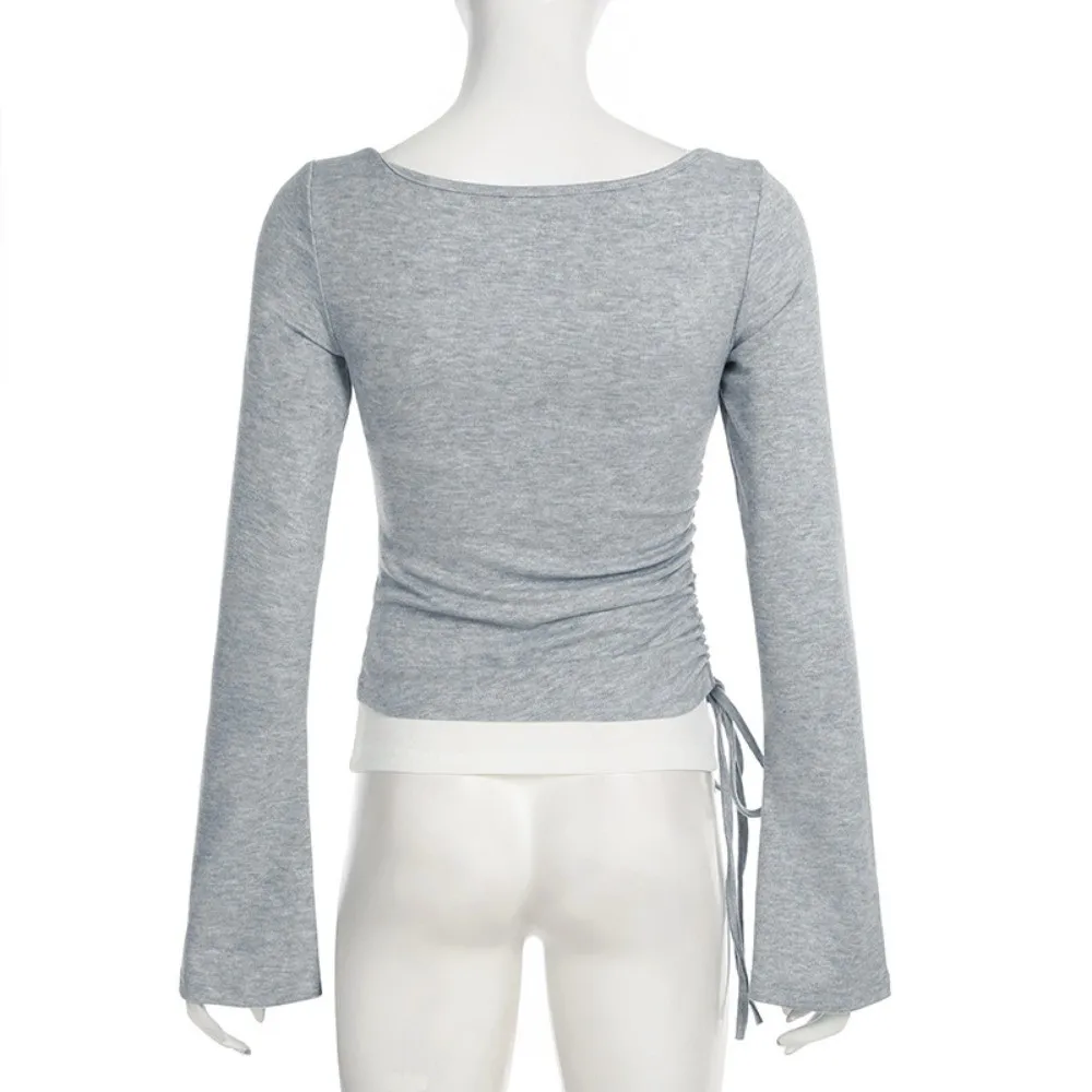 Tops cortos ajustados de dos piezas falsos elegantes, Top con parte inferior de encaje y lazo, manga acampanada, prendas de punto ajustadas cómodas, ropa de calle