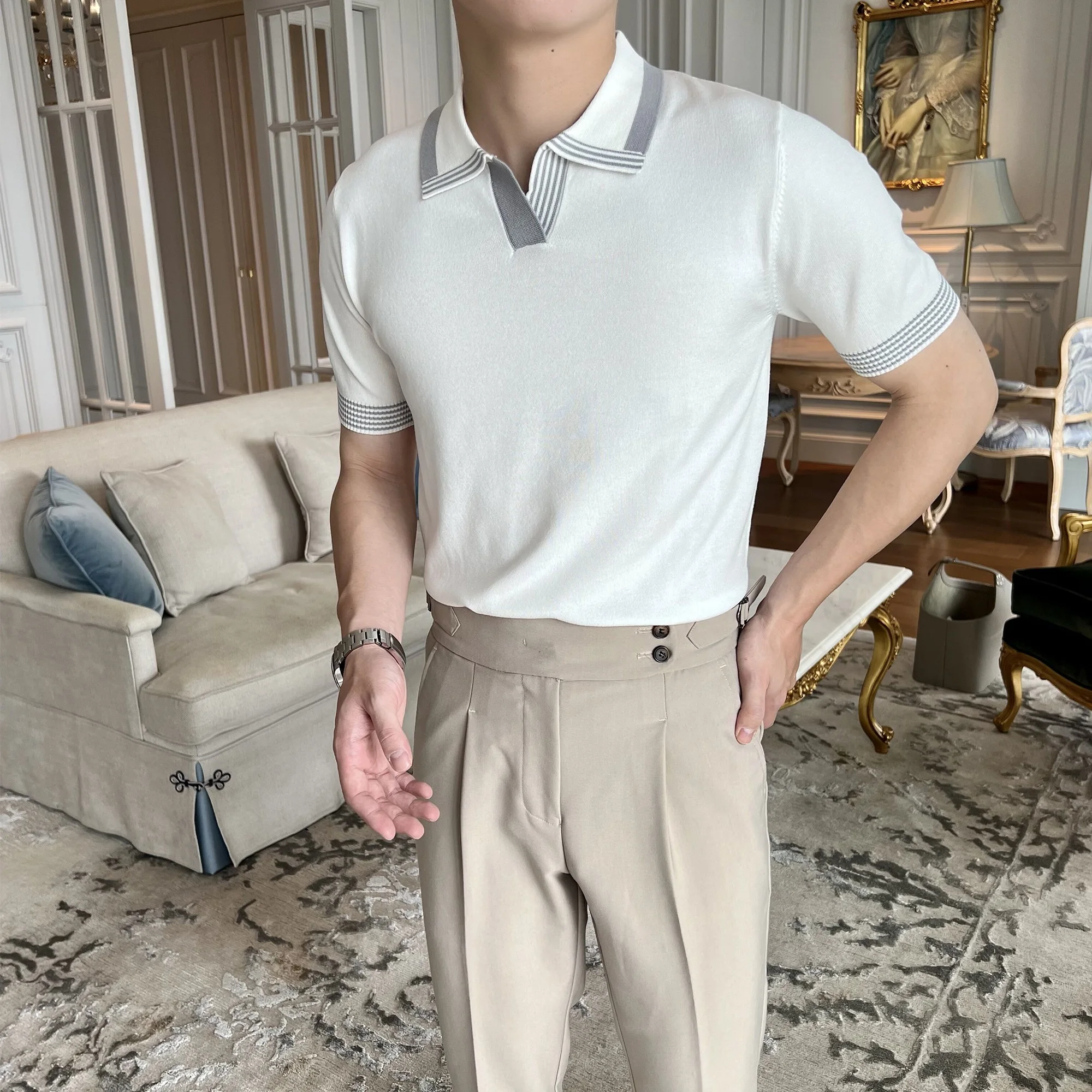 

Summer New Sle Men's irt Casual Busin Turn-down Collar Ice Silk Knitted ort Sve Breathable Slim Fit T-irt