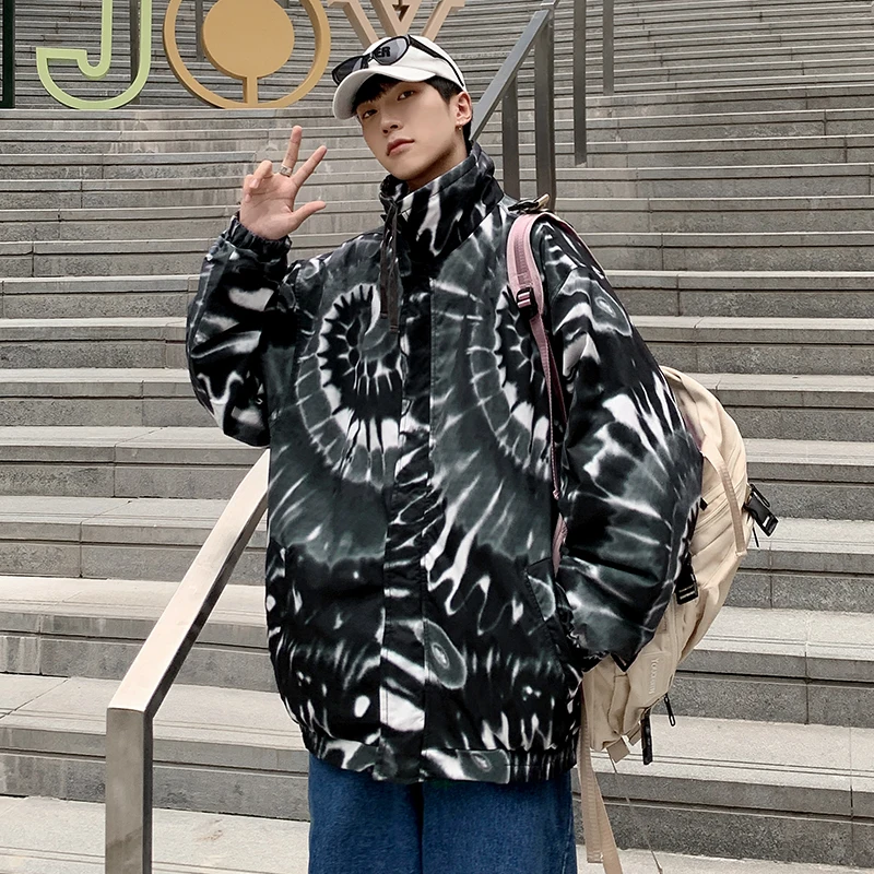 

New Men's Tie Dye Cotton Jaet oulder Drop Stand Collar Street Sle Casual Loose Fit Warmth Comfortable Polyester Fiber