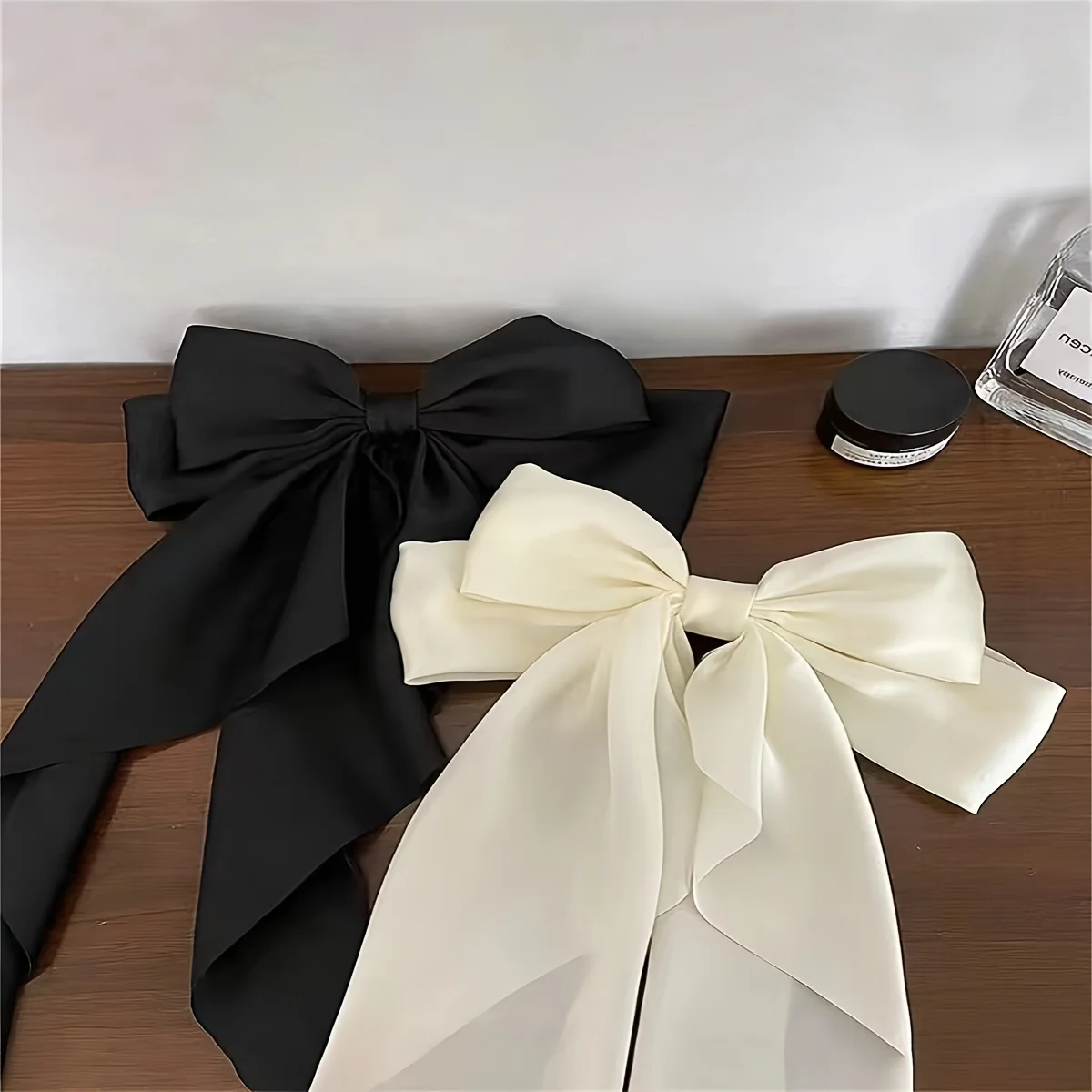 2Pcs French Oversized Black and White Satin Bow Hairpin for Women with Spring Clip Hair Accessory on the Back of the Head