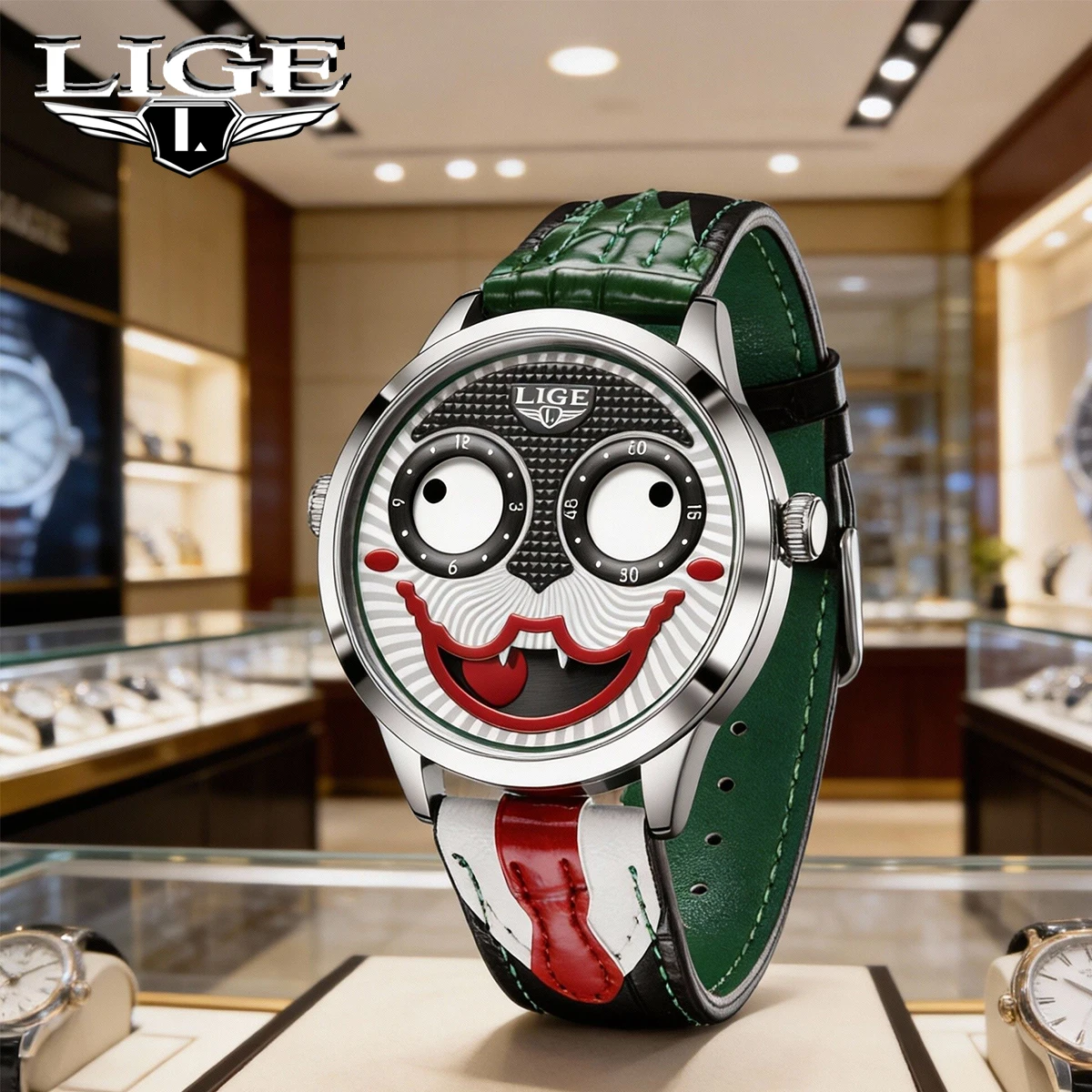 

Мужские кварцевые часы LIGE с циферблатом в виде клоуна, модный креативный дизайн, водонепроницаемые, с кожаным ремешком, мужские наручные часы.
