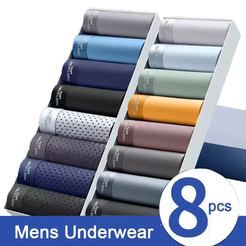 8pcs Boxers Men Boxer Underwear Ice Silk Comfortable Men's Underpants Breathable Panties thin Sexy Men BoxerShorts Plus Size 4XL