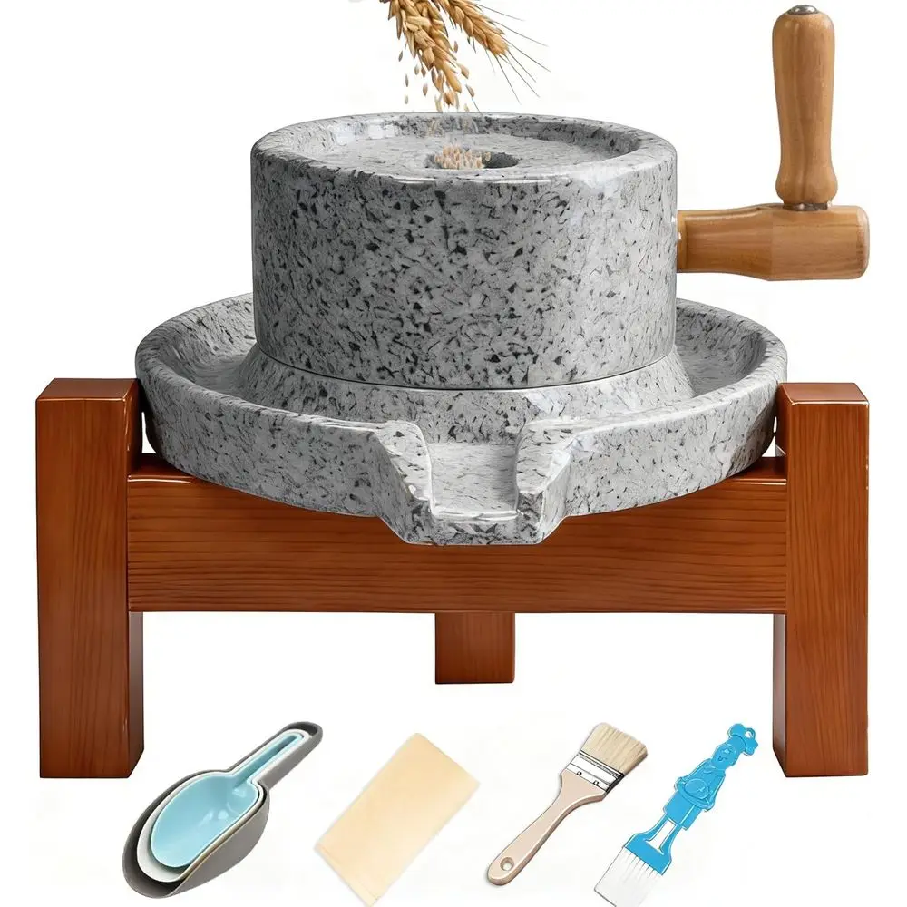 

Handmade Stone Grain Mill - Manual lour Mill & Grinder with Red Oak e or Home, Grinds Wheat, Nuts, Spices (Complete Kit)