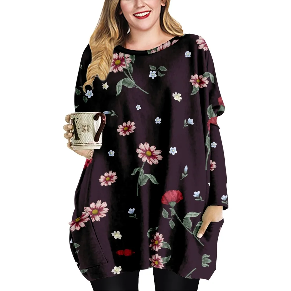 NEUE Blumen Druck Frühling Herbst Lose Beiläufige Stil Damen T-shirt Doppel Tasche Kleid Rundhals Langarm Kleid-