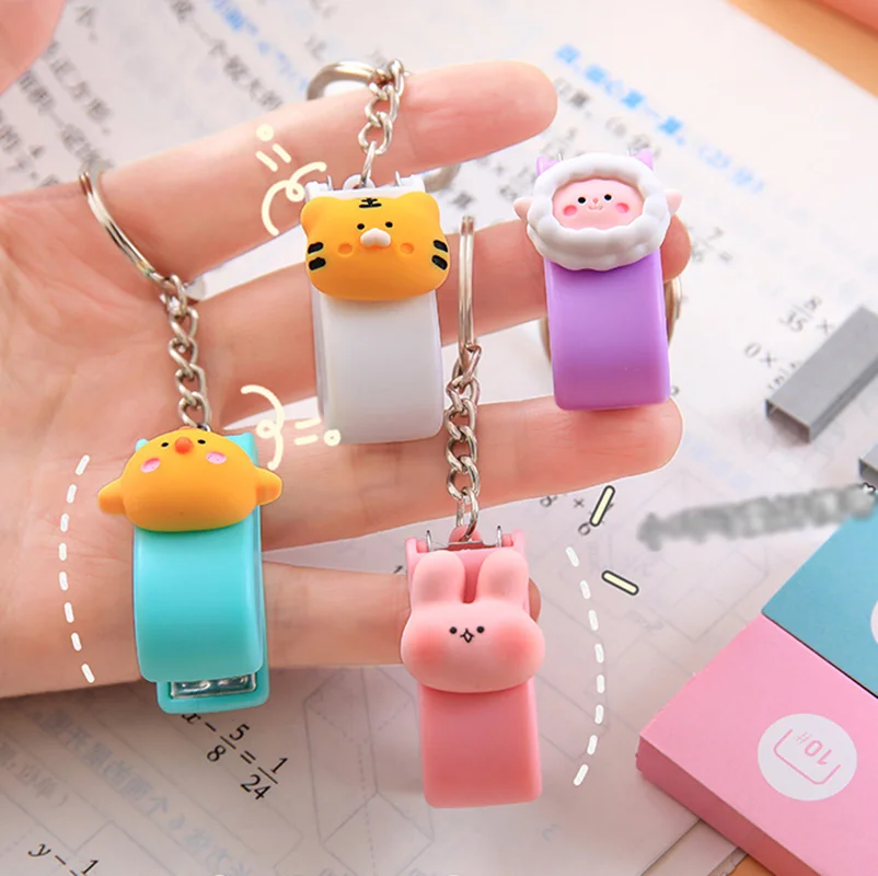 Portable Mini Stapler Key Chain Cute Cartoon Animal Keychains Pendant Color Japanese Office Document Binding Stapler Key Pendant