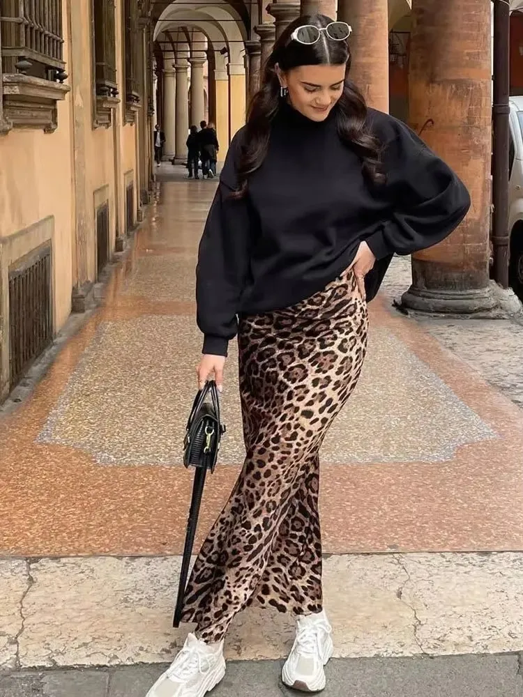 HH Gonna longuette a vita alta vintage con stampa leopardata moda donna Gonna longuette casual estiva da donna elegante