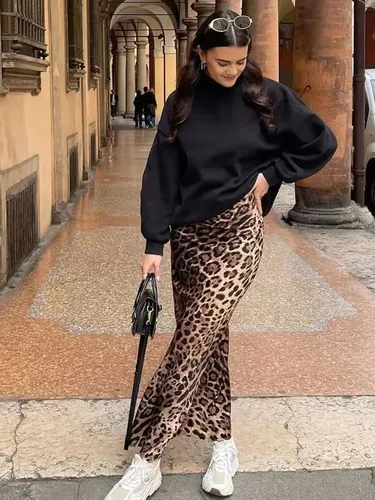 Imagen 2 del producto HH Falda con estampado de leopardo a la moda para mujer, faldas por debajo de la rodilla Vintage de cintura alta, falda elegante informal de verano para mujer