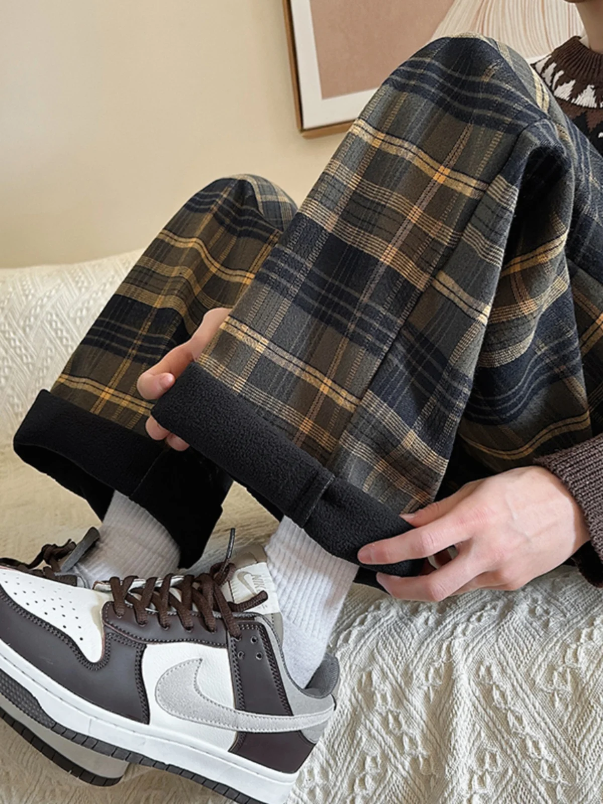 

Мужские зимние повседневные брюки Thiened Fce, прямые свободные длинные брюки в стиле ретро, в клетку, модные, японский стиль, со средней талией