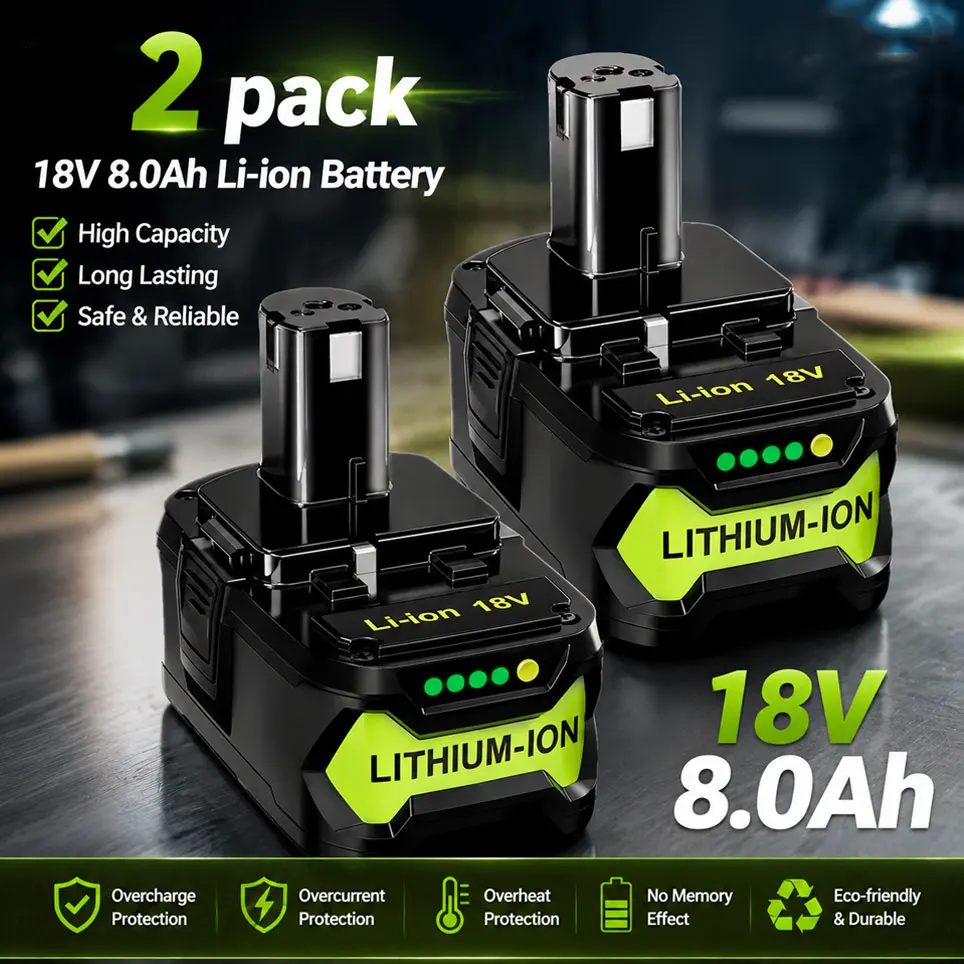 Für Ryobi P108 18V 8,0Ah/6,0Ah Lithium-Akku, Hochleistungsakku, Kabelloses Elektrowerkzeug P108 P102 P103 P104 P105 P109 ONE+