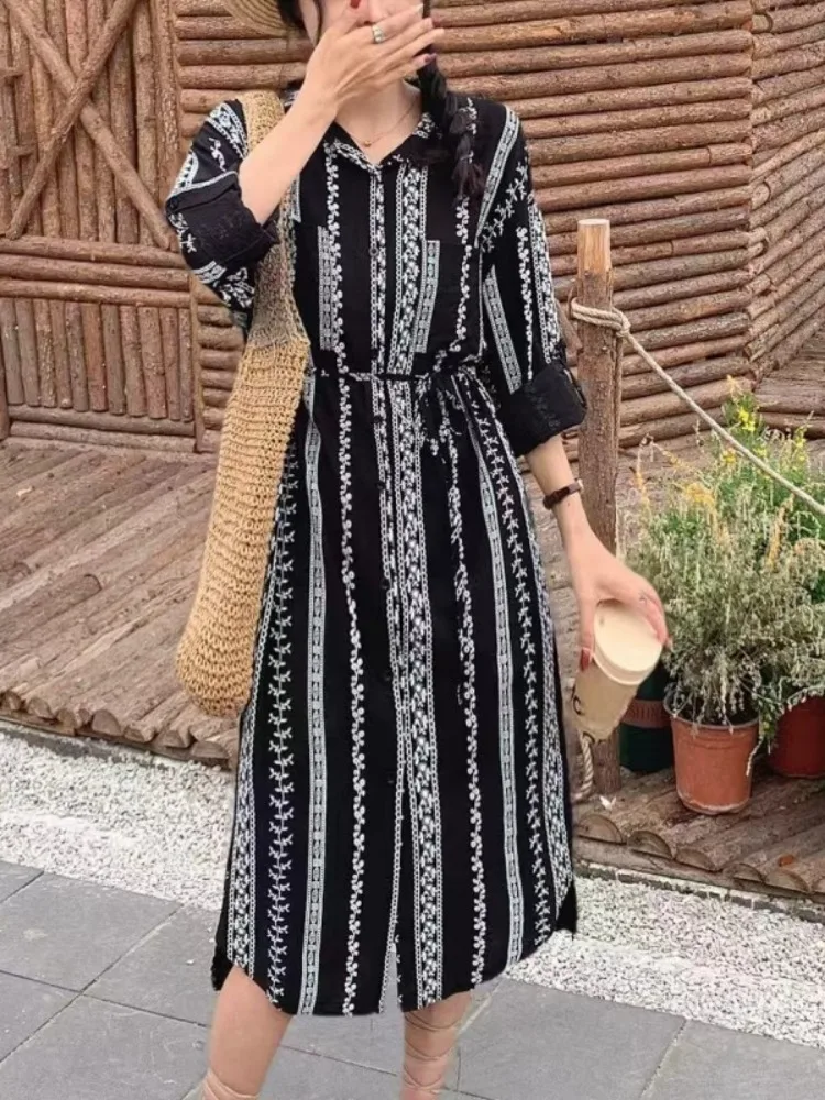 เยซซี่ผู้หญิงปักเสื้อเชิ้ต 2025 ใหม่แขนยาวหลวมกระดุมสบายๆวันหยุดโบโฮสไตล์มิดิเดรส