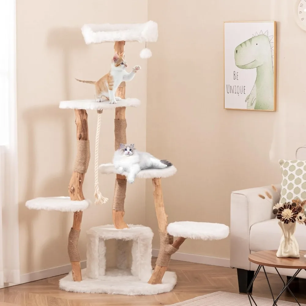 

Solid Wood Cat Tree, Modern Wooden Cat Tower with Jute Scratching Posts, Perch,Sisal Rope, Dangling Ball, 66 Inch Tall Cat Tree
