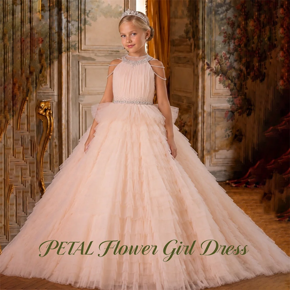 Petal Blush Pink Princess Girls Dress Halter High Neck First Communion Gown With Rhinestone Children Birthday Wedding Dresses