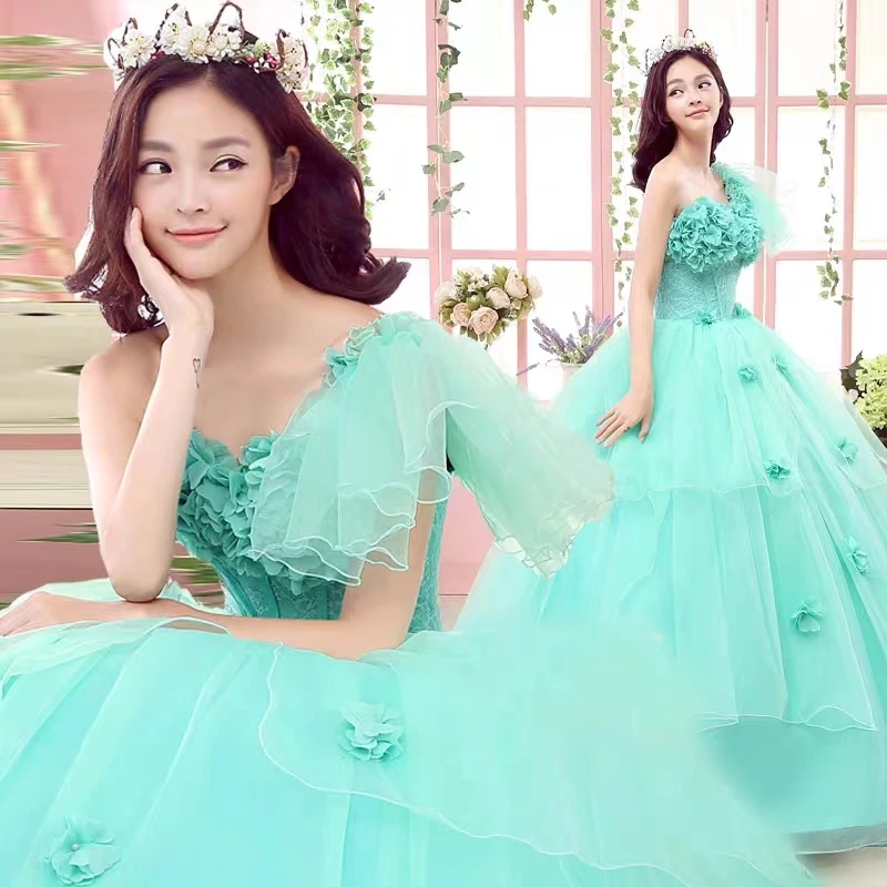 Vestido de baile verde menta para 15 anos, vestido quinceanera com flores 3D, um ombro, até o chão, vestido de festa, 2024