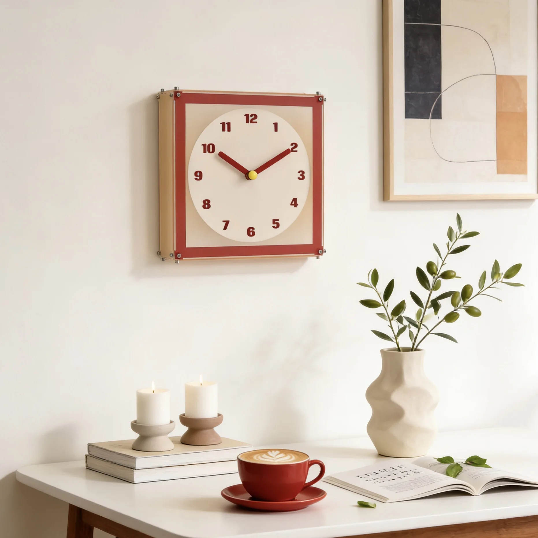 Red square modern style wall-mounted digital clock for decorating the living room on the wall