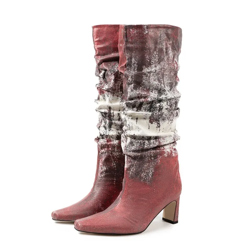 

Western Cowboy Boots for Women Winter Footwear Shoes Square Heels Quality Knee High Boot Female Snake Leather Large Size 45