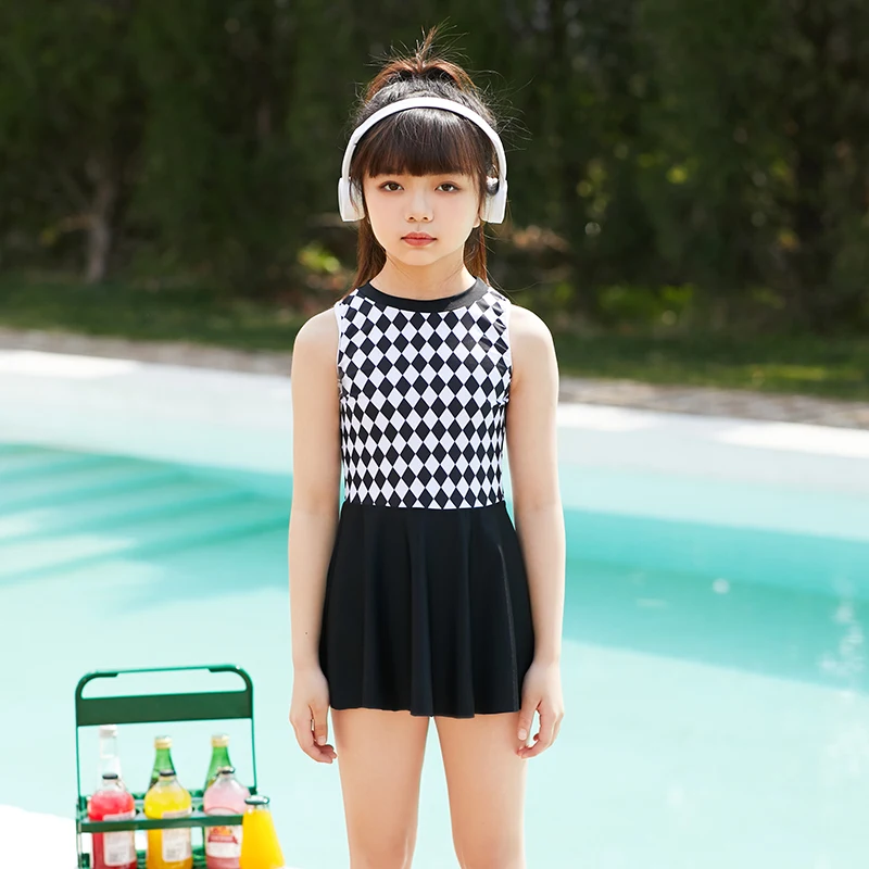 2023 Girls Swimwear with Skirt Swimdress Boyleg Two-Piece Plaid Swimming Suits Summer Beach Wear Chlidren Swimsuits for Girl