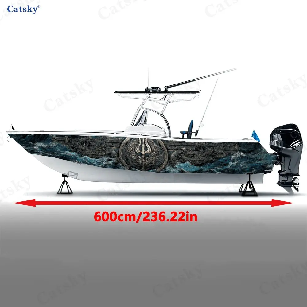 Power of Poseidon Surging Waves Boat Stickers, PVC Waterproof Vinyl Wrap Decals for Fishing Boats, Durable and Stylish Design