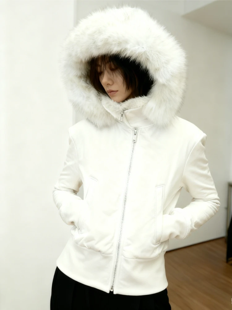 

American Vintage Asymmetrical Jacket Women Retro Hooded Zip Up Fur Colla Warm Outerwear Chic Casual Sweatshirt Winter 2025 New