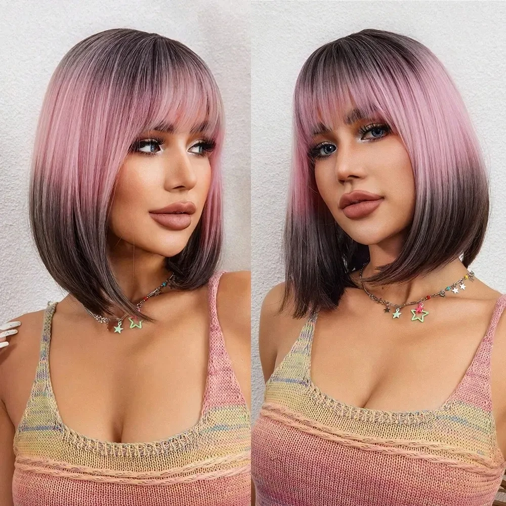 ALAN EATON Short Ombre Pink Black Hair Wig Synthetic Bob Wigs with Bangs Pink Straight Wig for Women Party Use Heat Resistant