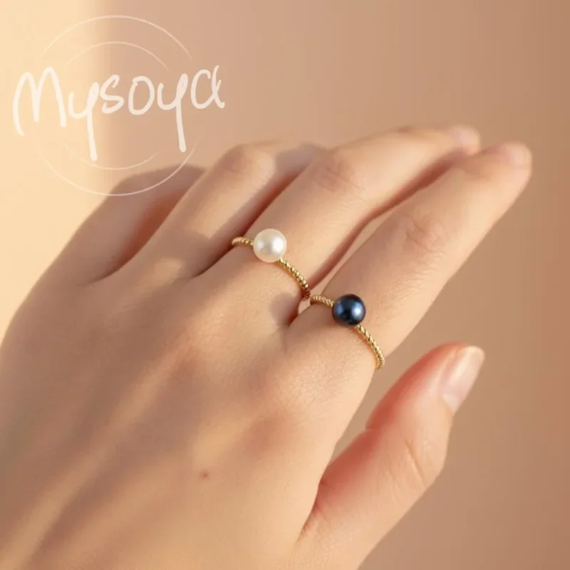 

MYSOYA White/Black Colored Freshwater Pearl Open Ring 7-8mm With Gift Box For Her/Him Wedding/Birthday/Anniversary Gift