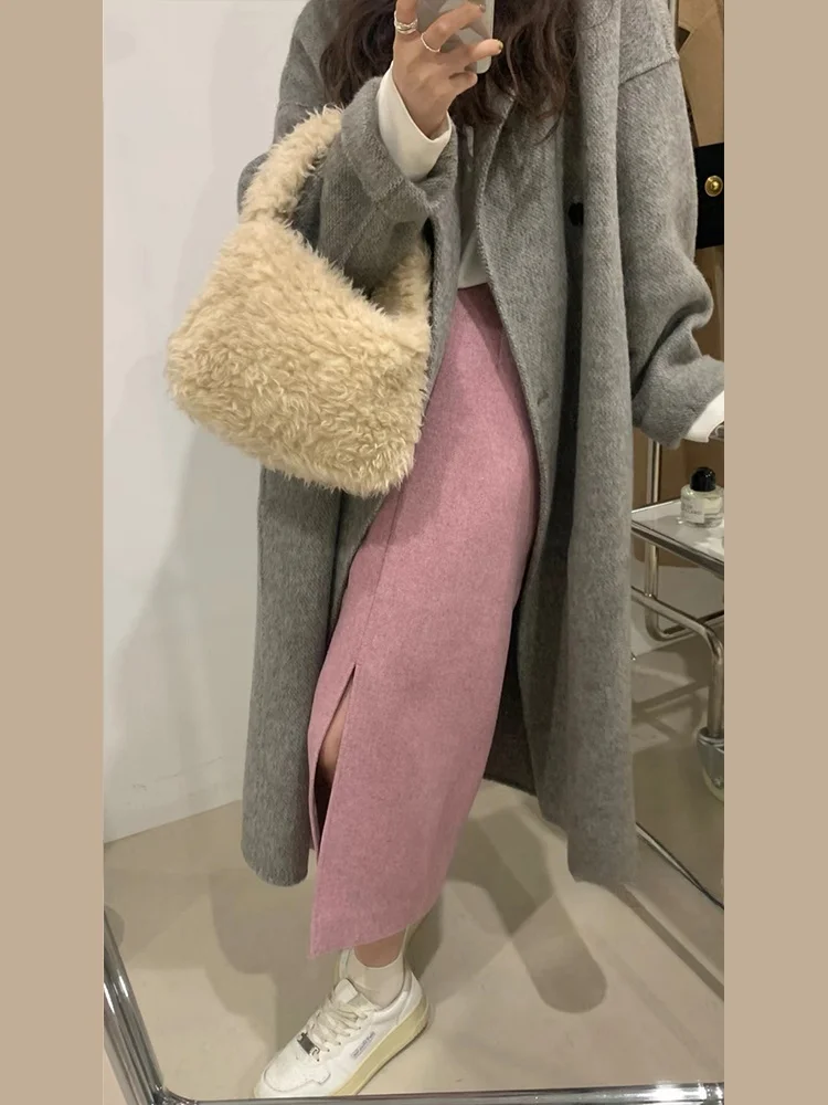 

Pink Woolen Skirt Women's High Waist Asymmetric Split Wrap around Skirt Commute Korean Sle Mid-Length A-Line Skirt